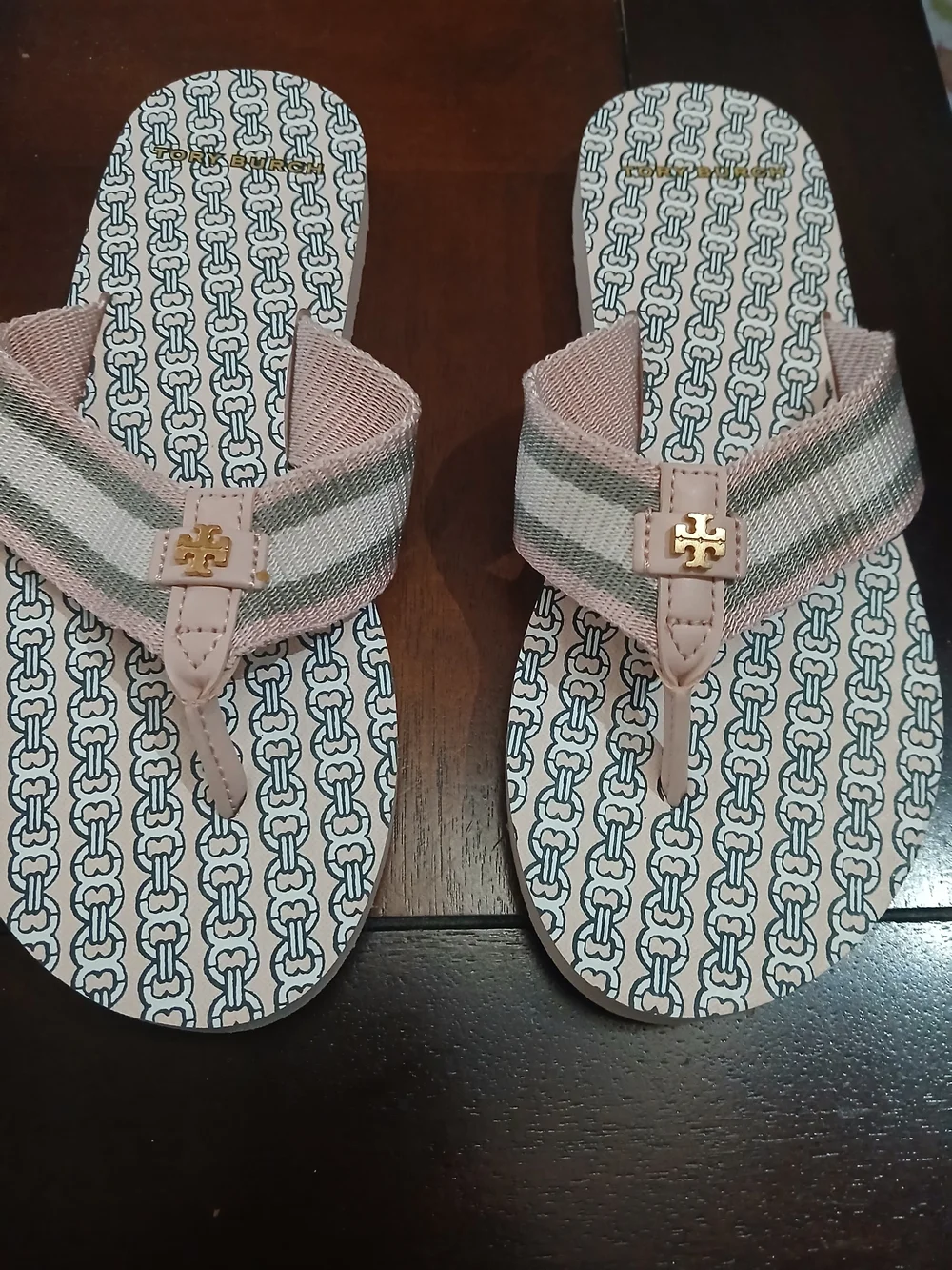 Tory Burch Pink and Gray Stripe Gimini Link Signature Logo Thong Sandals Size 6